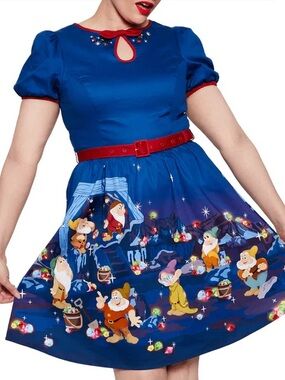 Stitch Shoppe by Loungefly Blue Snow White Dwarfs Print Dress with Red Trim